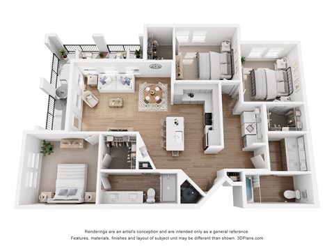 Floor plan for 3 beds, 2 baths, 1409 sqft